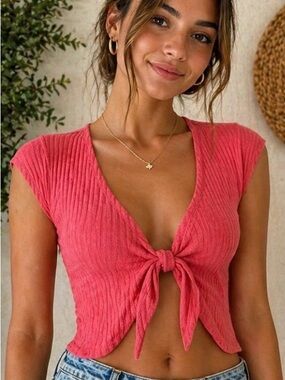 Tie-Front Ribbed Cap-Sleeve Crop Top in Coral Pink